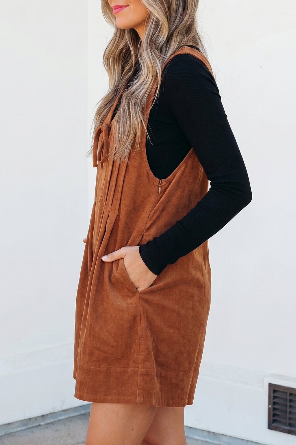 Solid Tie V-Neck Sleeveless Corduroy Romper — additional view 4
