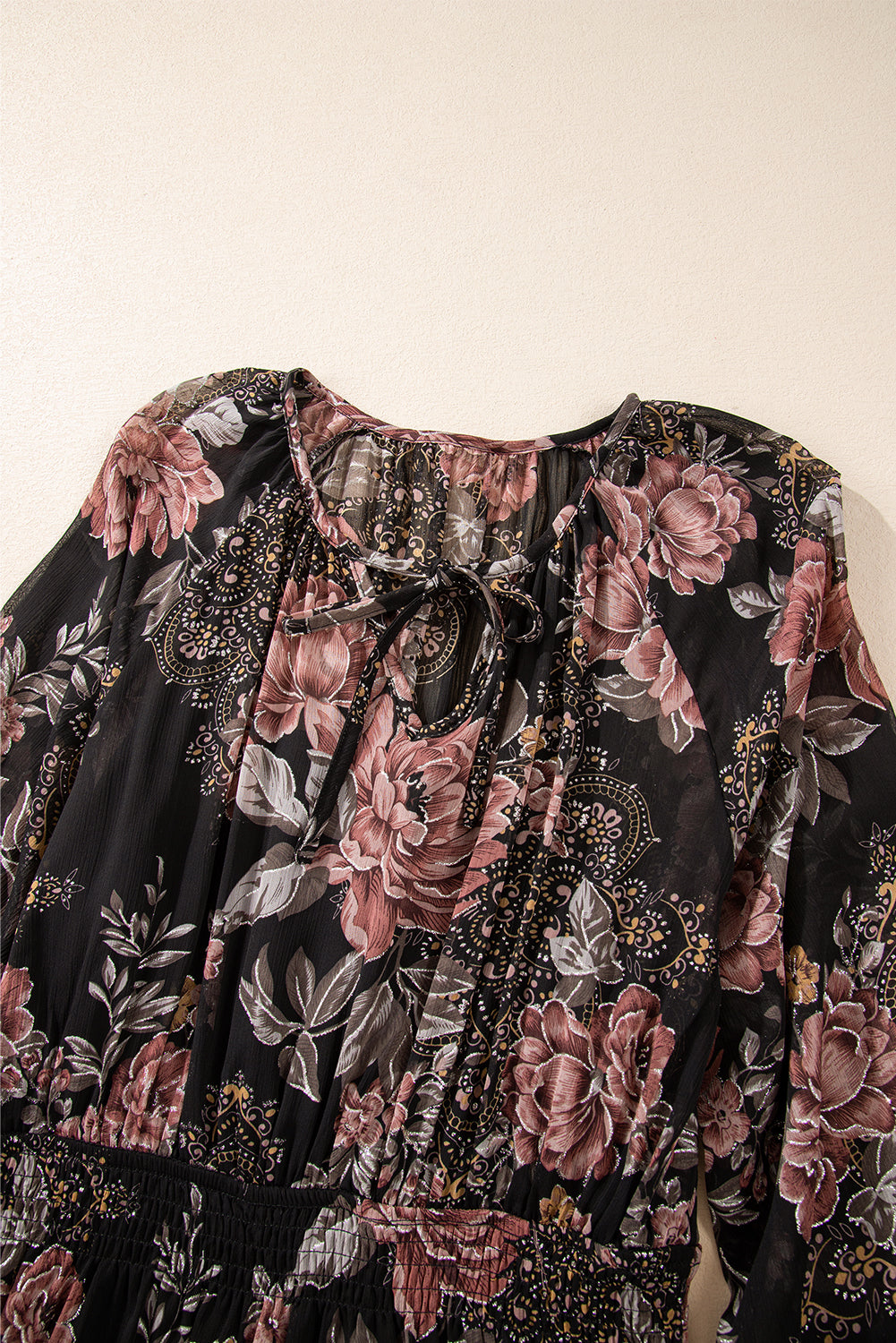 Floral Puff Long Sleeve V-Neck Smocked Waist Dress — additional view 4