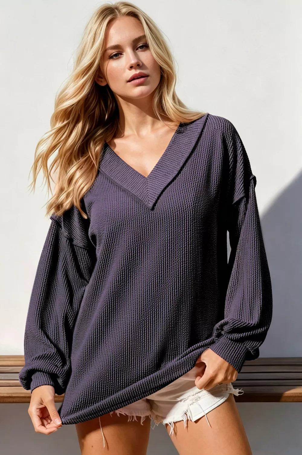 Exposed-Seam Ribbed V-Neck