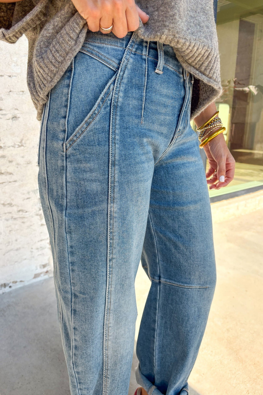 Fallon Blue Medium Wash Cuffed Barrel Jeans — additional view 4