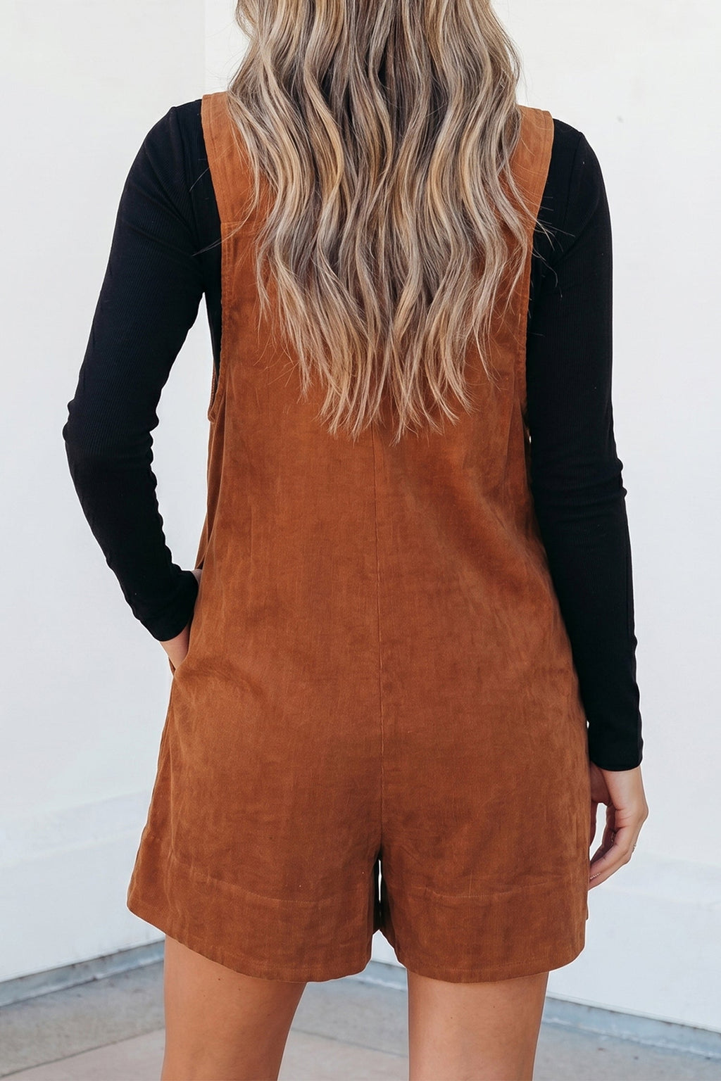 Solid Tie V-Neck Sleeveless Corduroy Romper — additional view 3