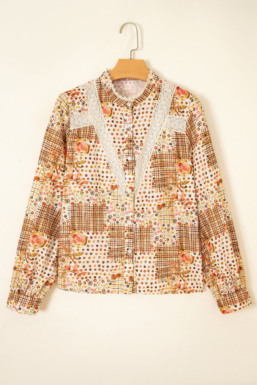 Floral Lace Trim Button Down Long Sleeve Shirt — additional view 2