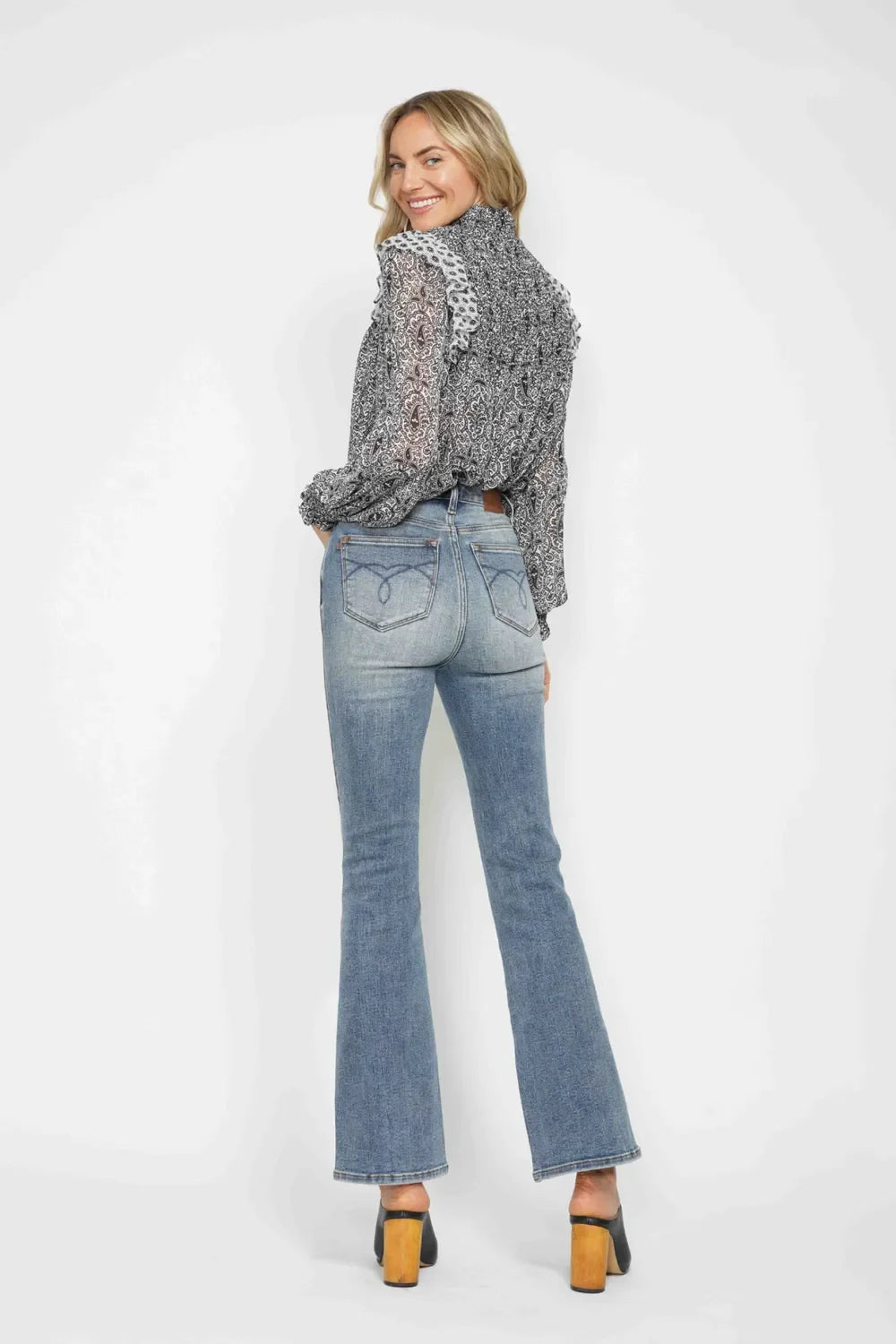 Embroidered-Pocket Bootcut Jeans