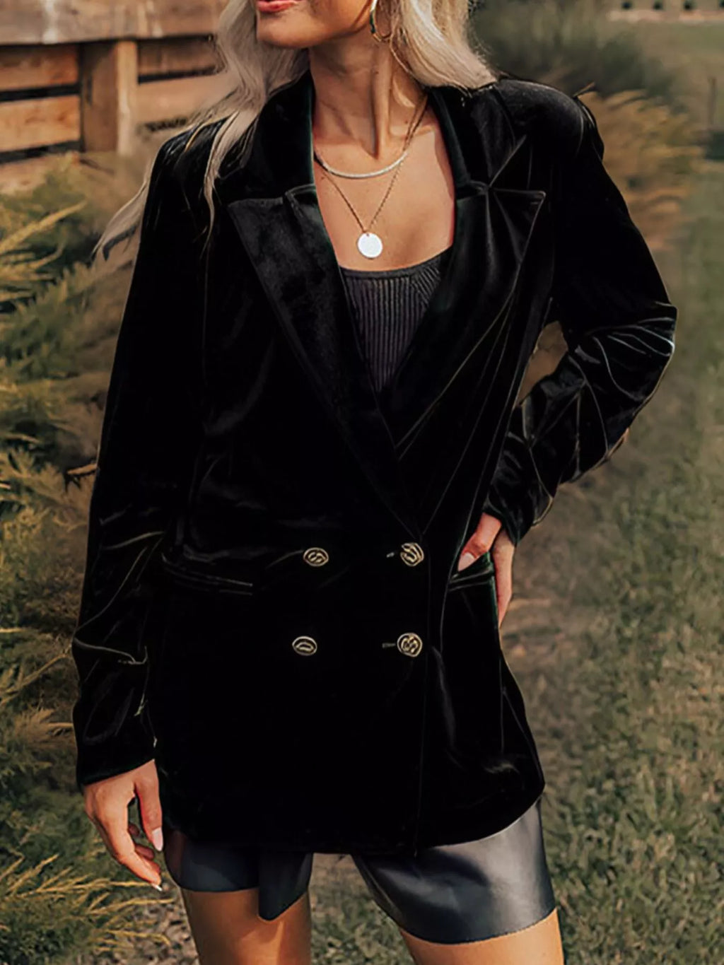 Velvet Button-Front Blazer