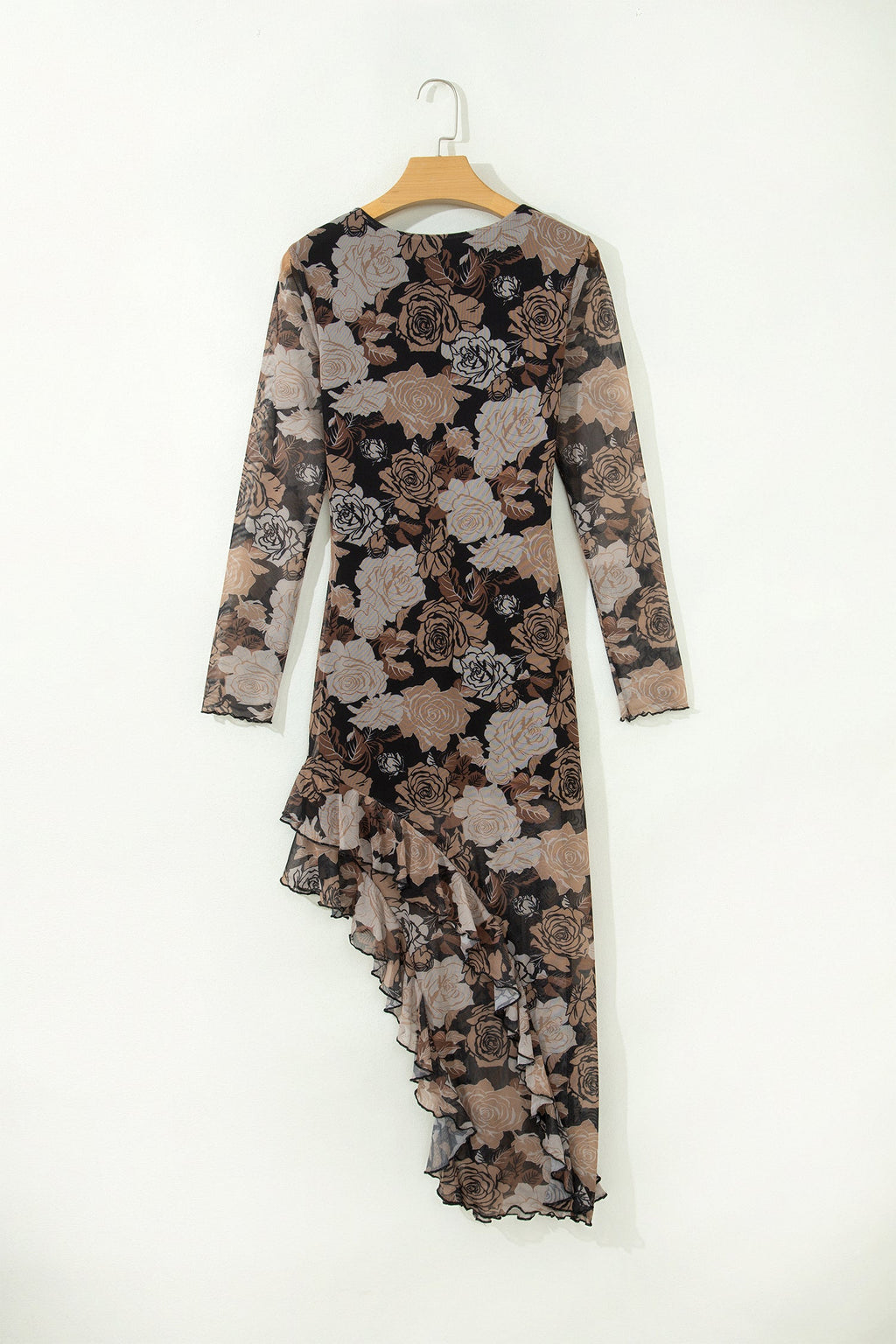 Floral Long Sleeve Asymmetric Ruffle Split Hem Mesh Dress — additional view 2