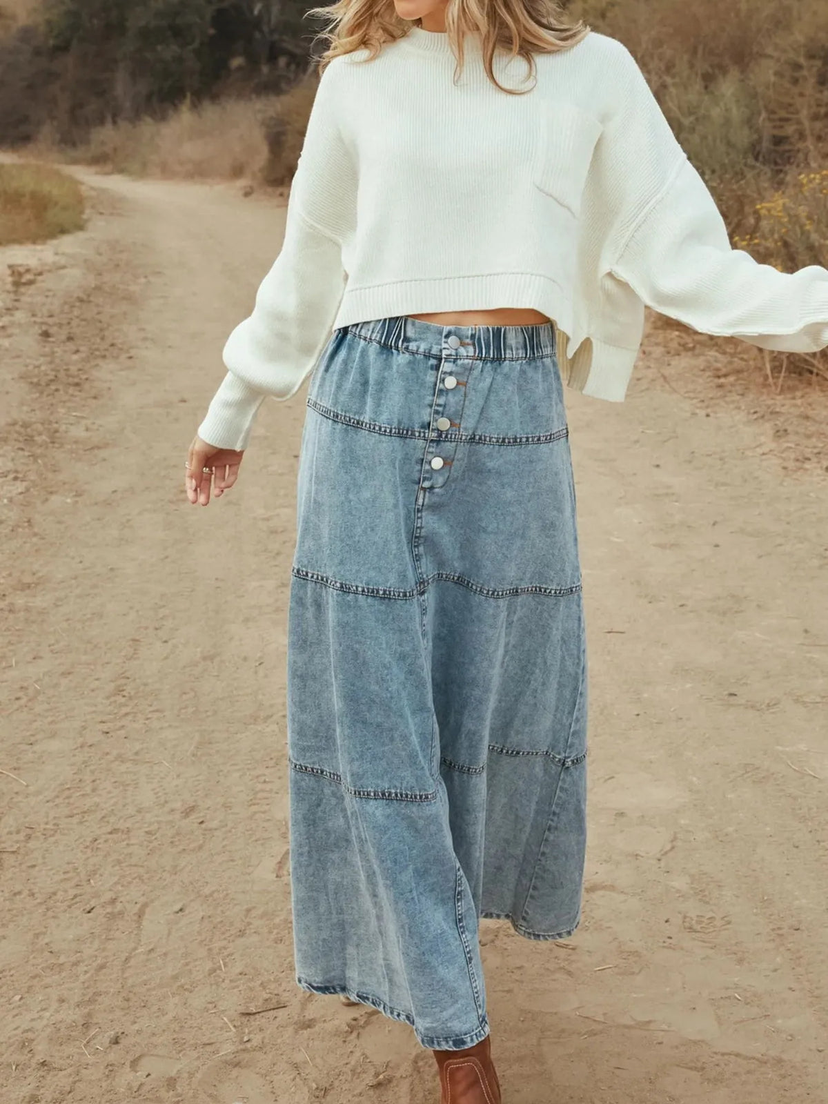 Tiered Denim Maxi Skirt