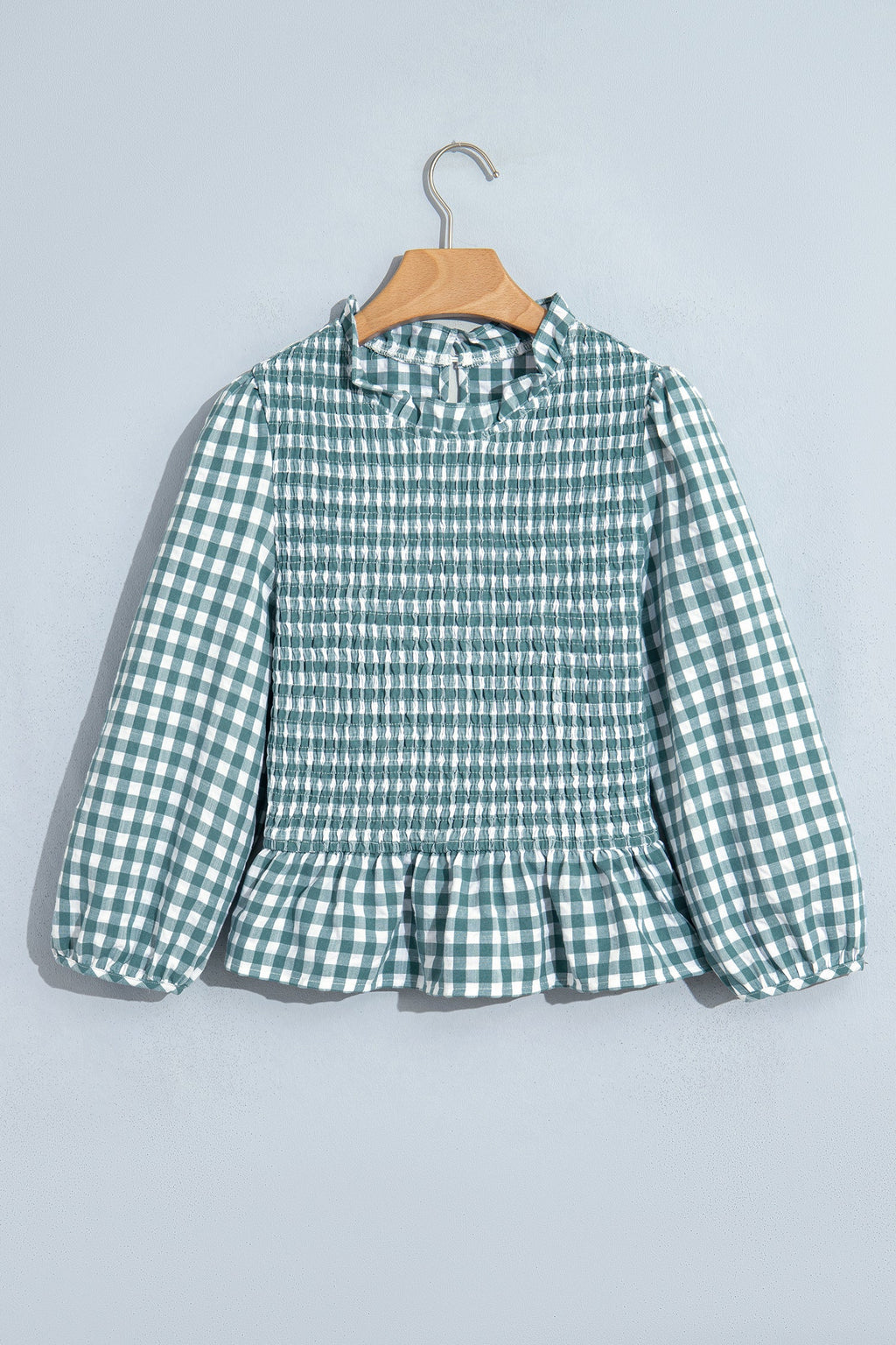 Gingham Shirred Long Sleeve Peplum Top — additional view 4