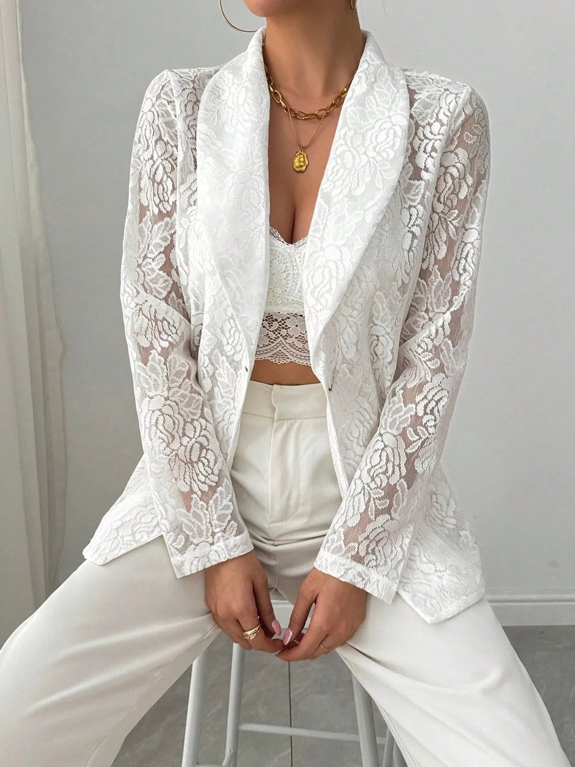 Sheer Lace Lapel Blazer