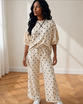 Avery Polka Dot Pants Set | Wide Leg Two Piece Set | Beige — additional view 2
