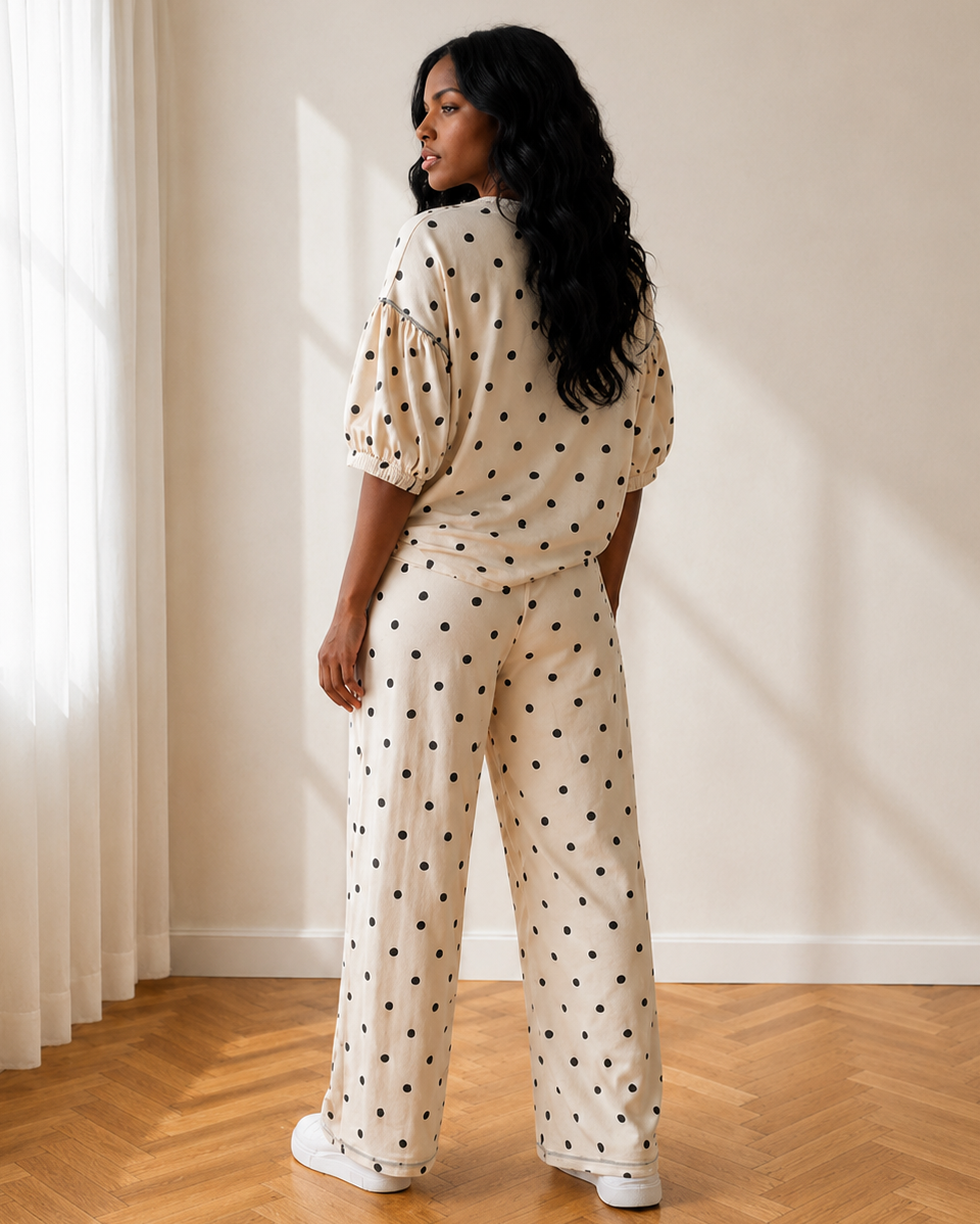 Avery Polka Dot Pants Set | Wide Leg Two Piece Set | Beige — additional view 3