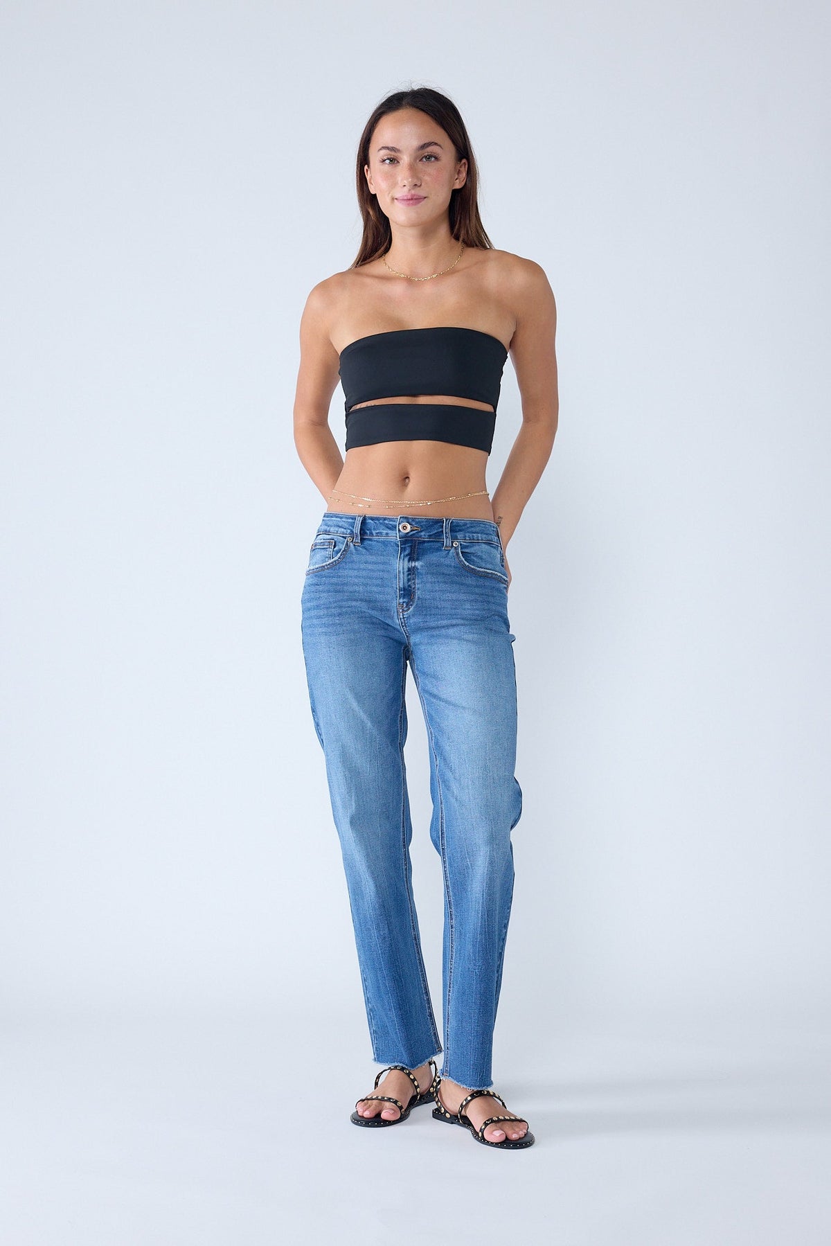 High Rise Knee Down Tie Wash Straight Jeans
