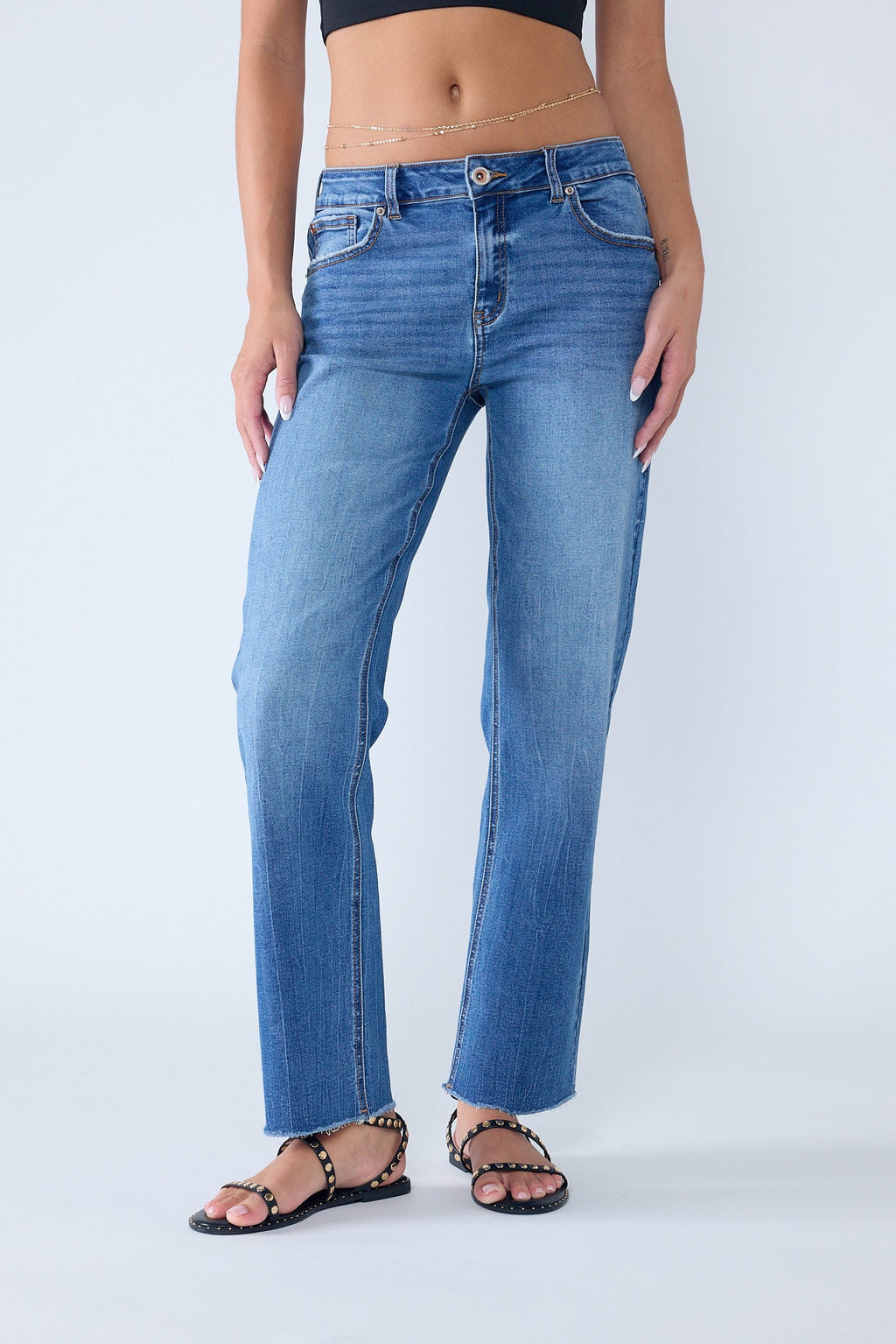 High Rise Knee Down Tie Wash Straight Jeans — additional view 3