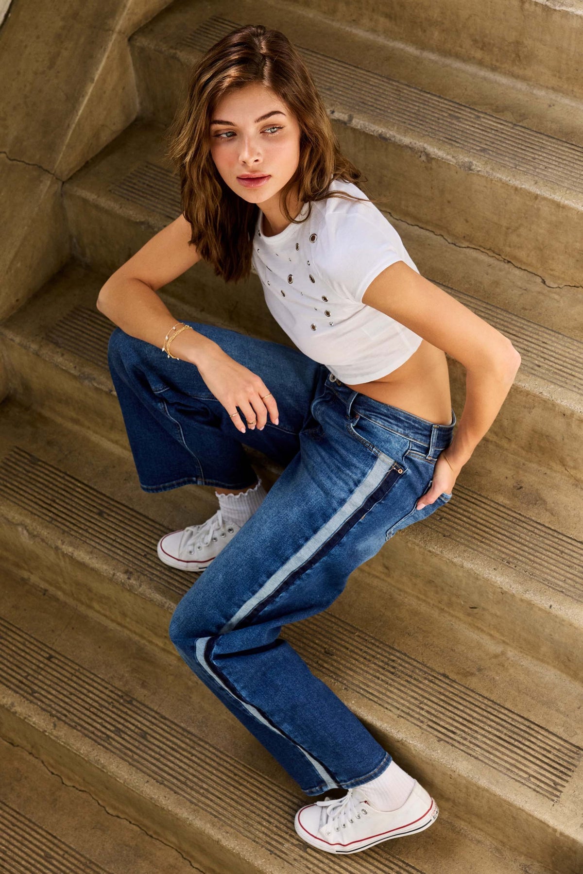 Low Waist Baggy Straight Jeans with Side Color Block
