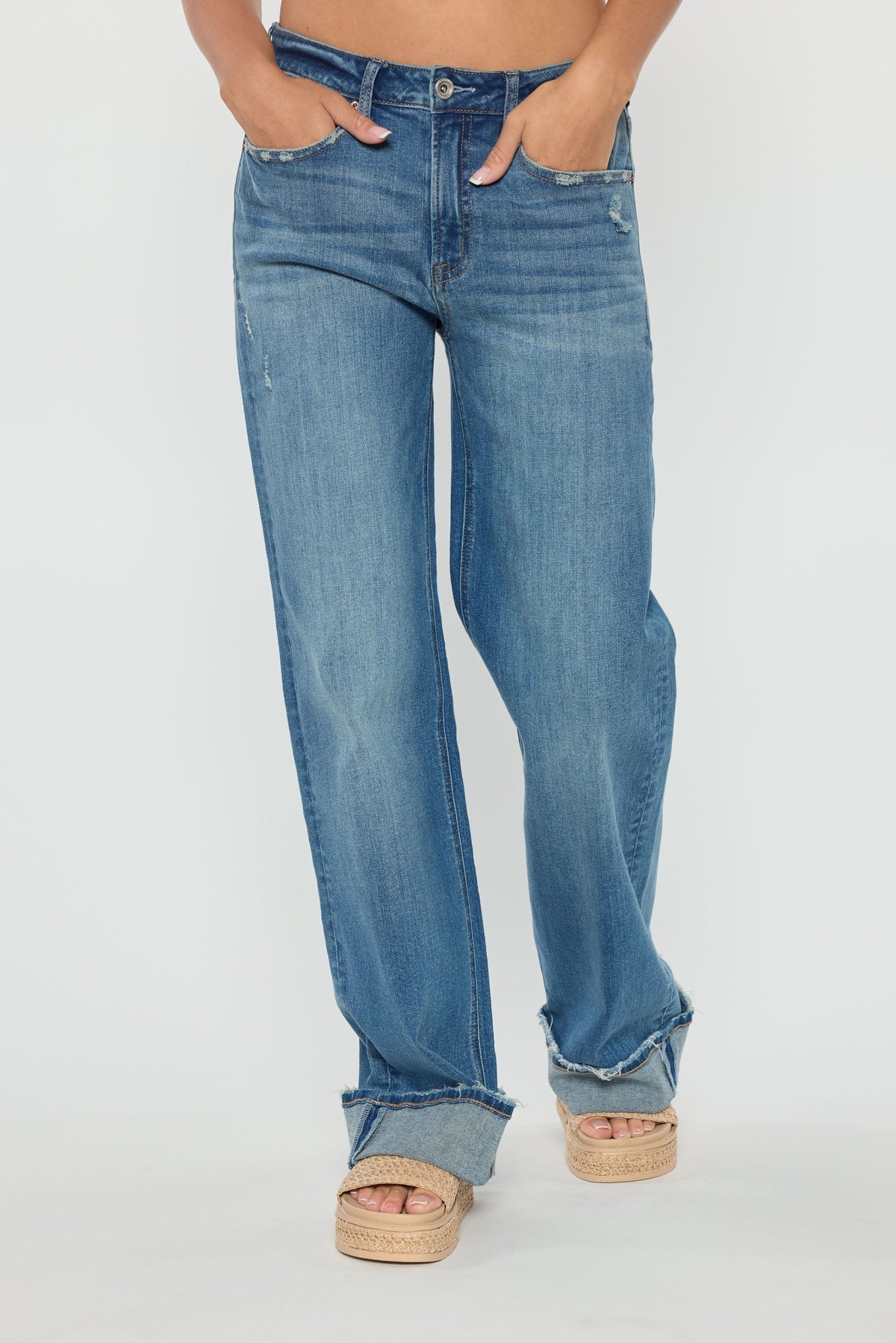 Mid Waist Baggy Wide Leg Jeans with Wide Cuffed Hem