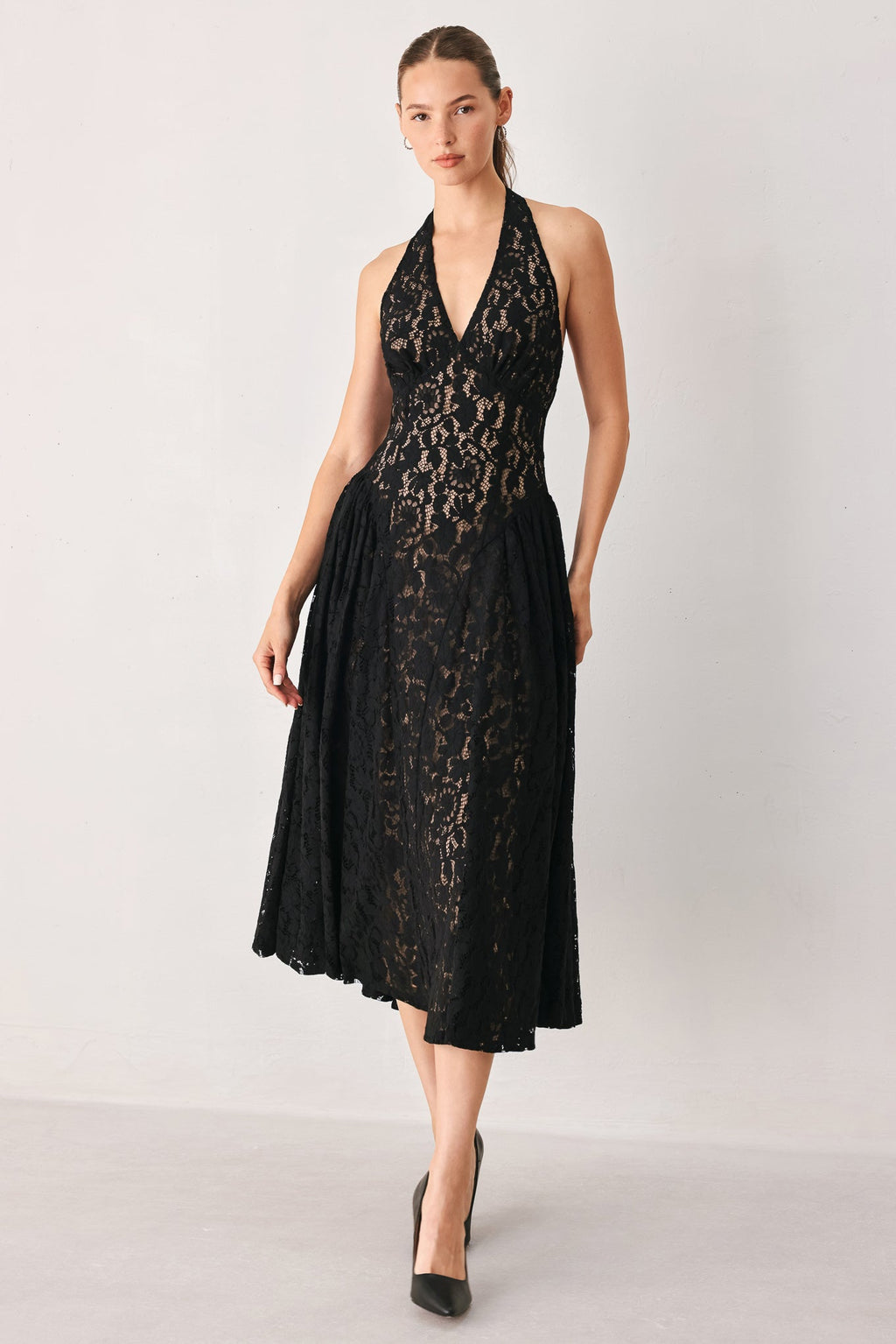 MIDNIGHT GARDEN HALTER WOVEN LACE MIDI DRESS — additional view 3