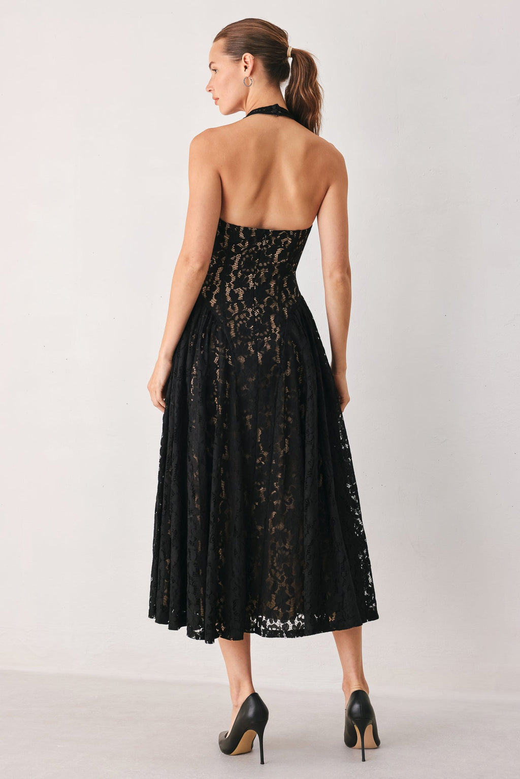 MIDNIGHT GARDEN HALTER WOVEN LACE MIDI DRESS — additional view 6