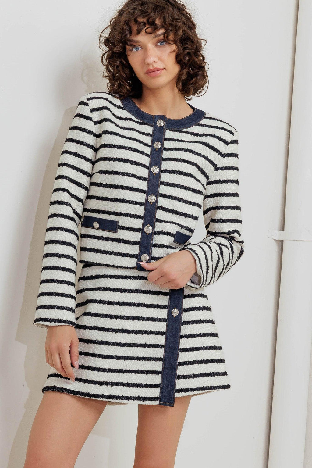 BONJOUR STRIPE WOVEN CROP JACKET