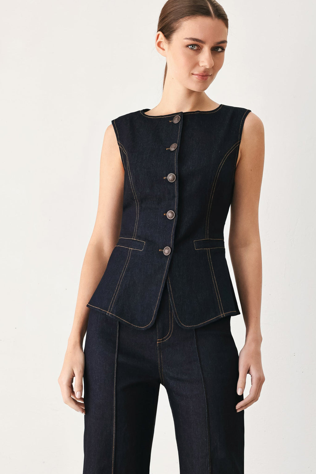 CONTRAST STITCH DENIM VEST — additional view 5