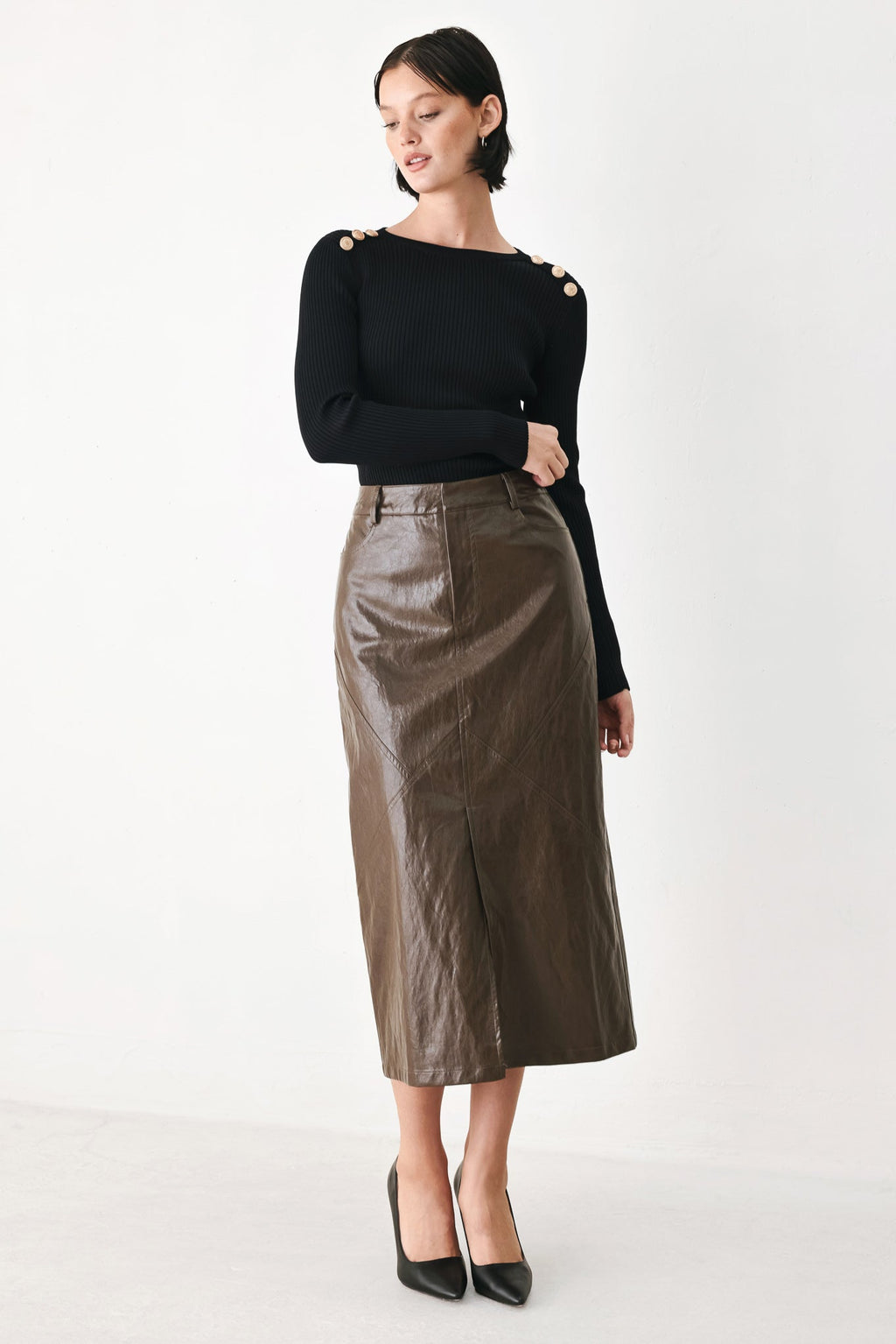 STONE LEATHER COLUMN FAUX LEATHER PENCIL SKIRT — additional view 2