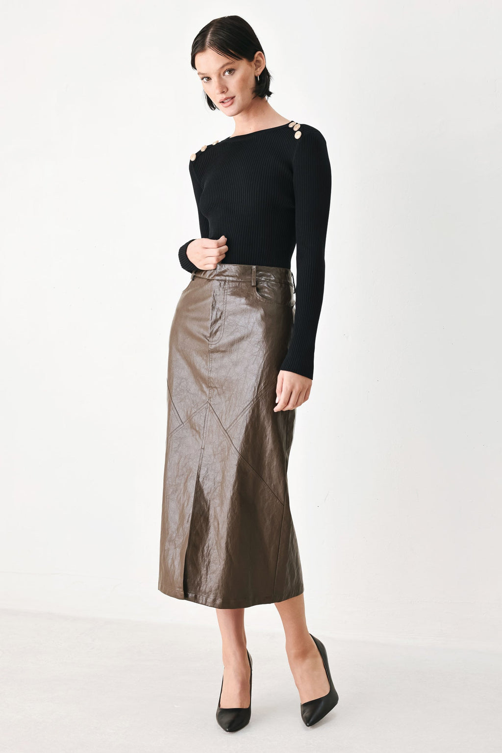 STONE LEATHER COLUMN FAUX LEATHER PENCIL SKIRT — additional view 5