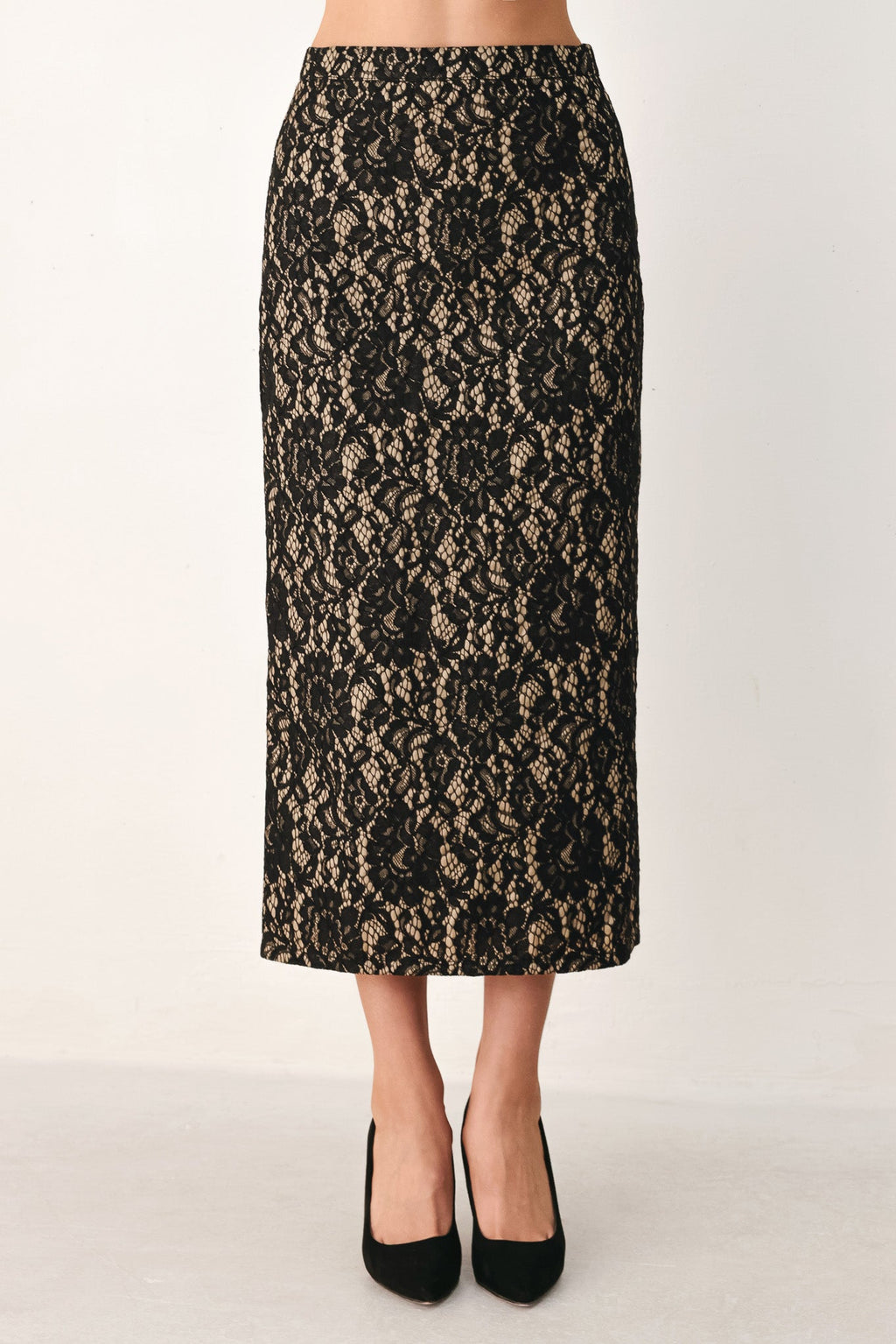LACE THEORY BLACK LACE PENCIL MIDI SKIRT