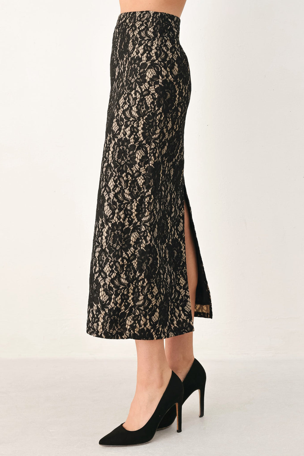 LACE THEORY BLACK LACE PENCIL MIDI SKIRT — additional view 3