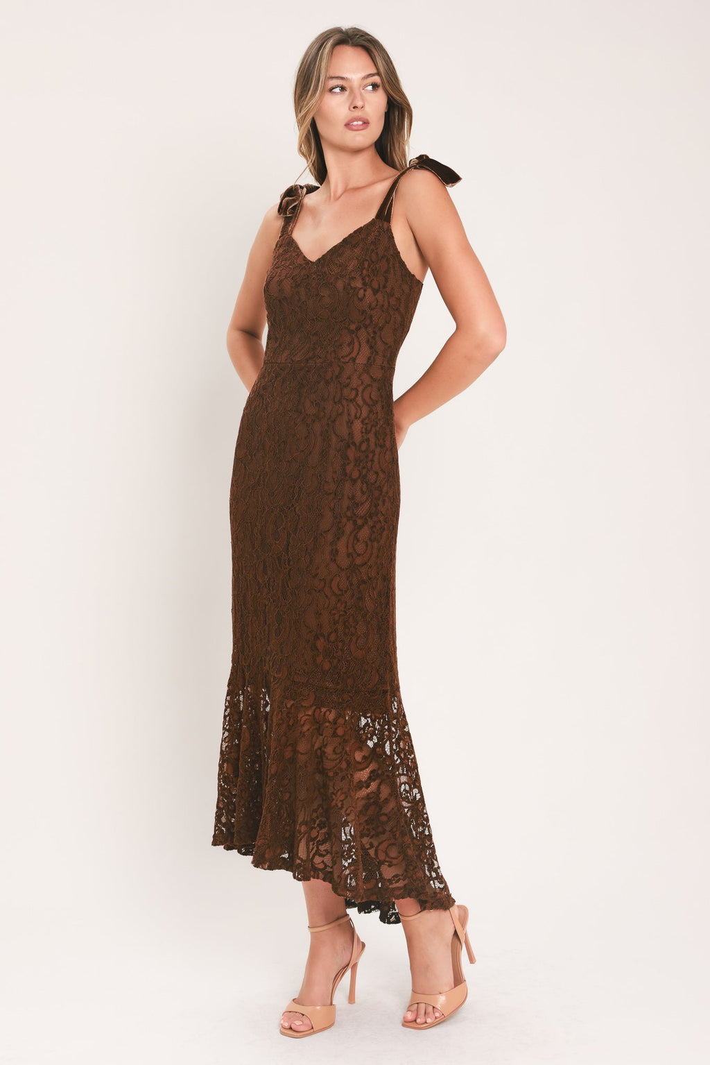 AUTUMN ROMANCE CHESTNUT LACE TIE-STRAP MIDI DRESS — additional view 3