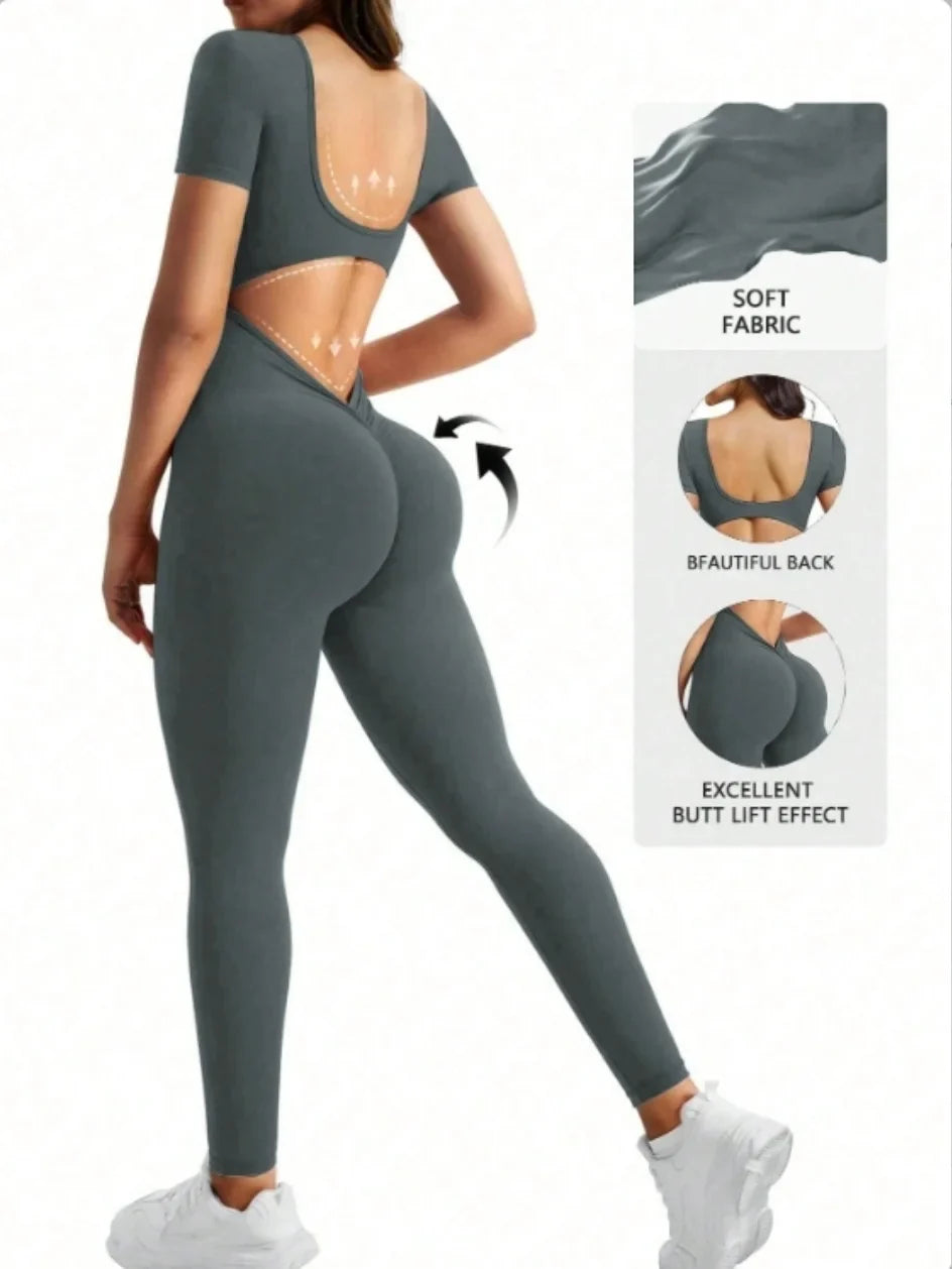 One piece seamless spandex U-neck short sleeved bodysuit with hip lifting, gym clothing, women's fitness jumpsuit