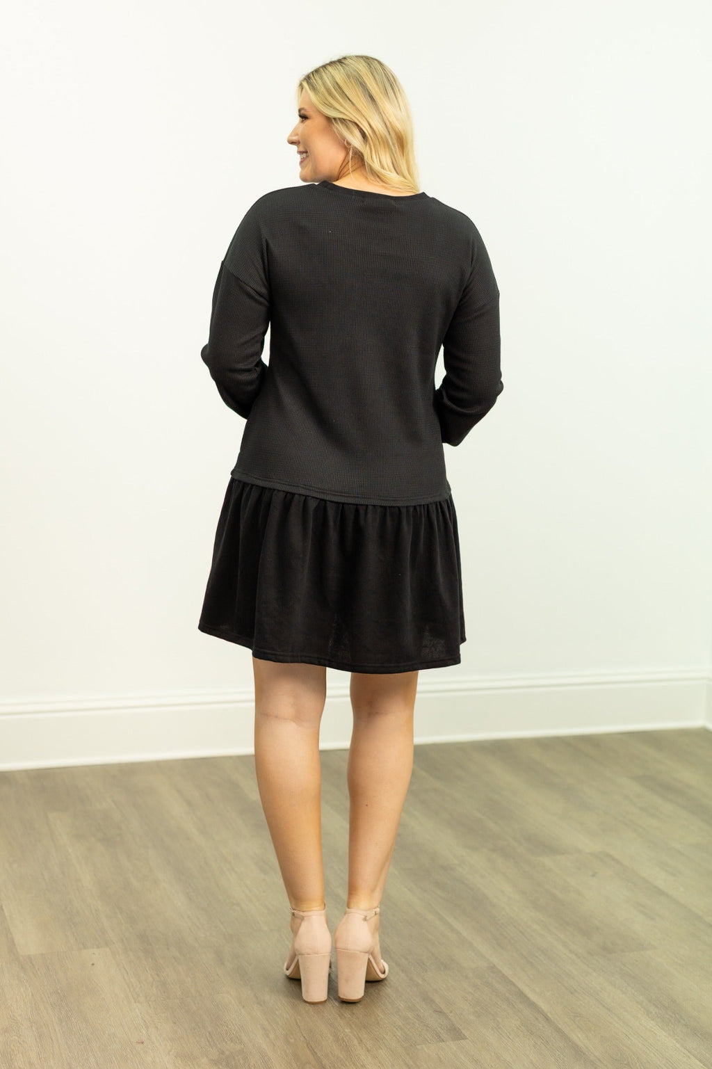 Waffle Knit Long-Sleeve Dress, Black — additional view 7