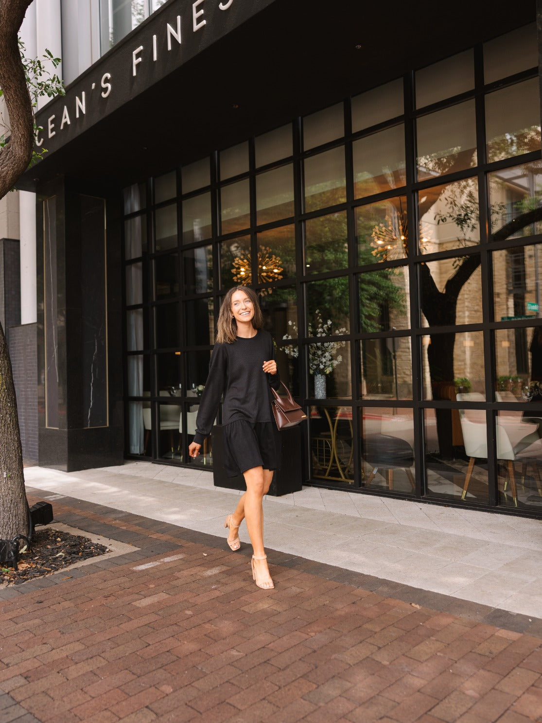 Waffle Knit Long-Sleeve Dress, Black — additional view 9