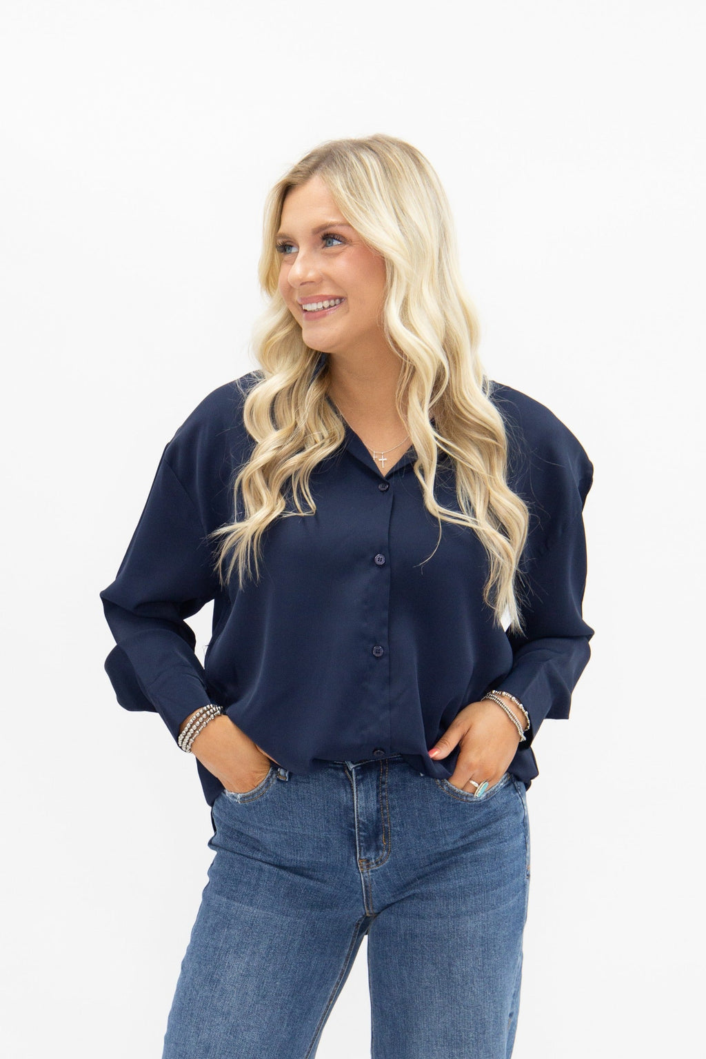 Kathryn Classic Button-Up, Navy — additional view 5