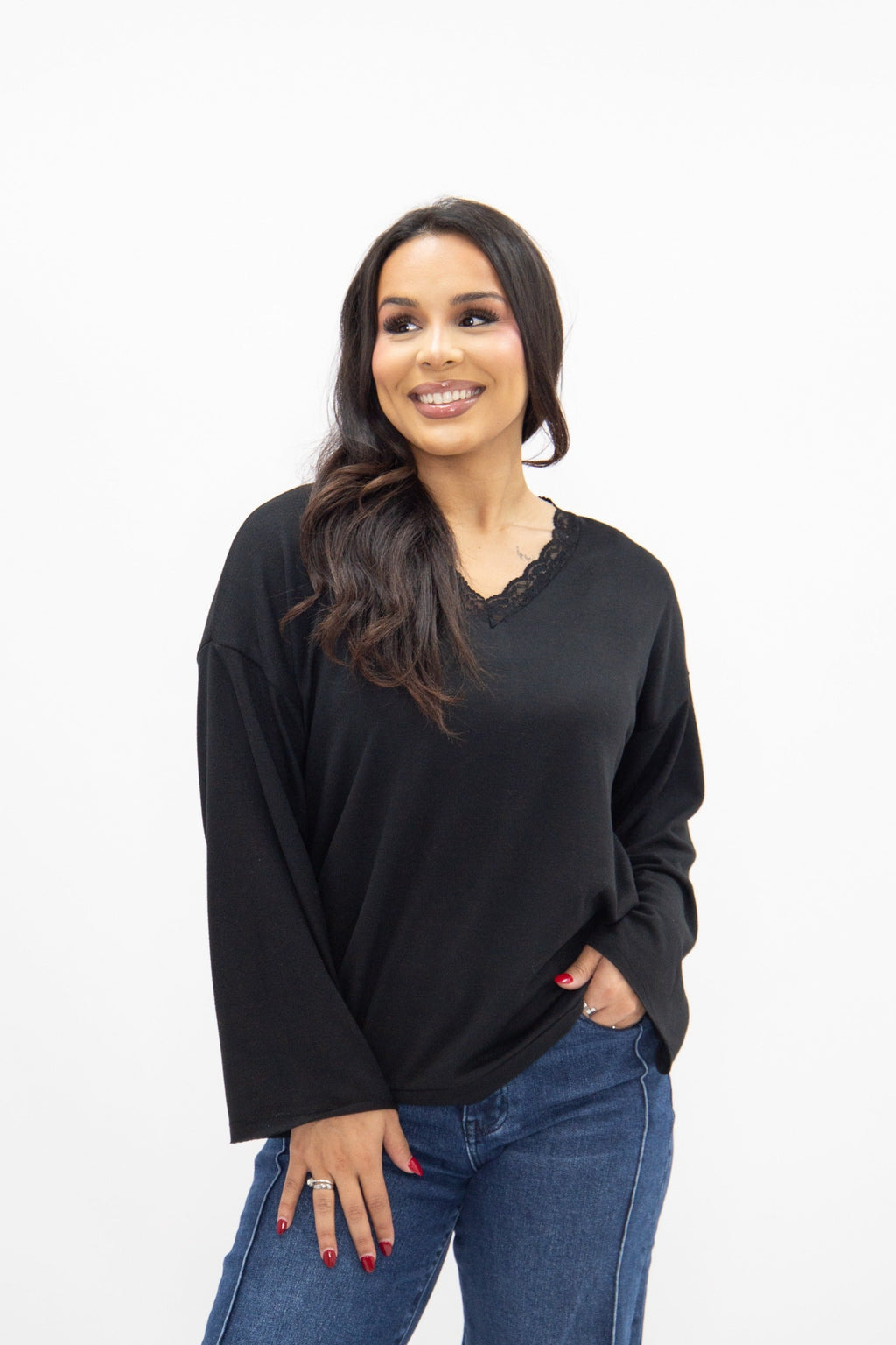 V-Neck Top with Lace Trim, Black — additional view 3