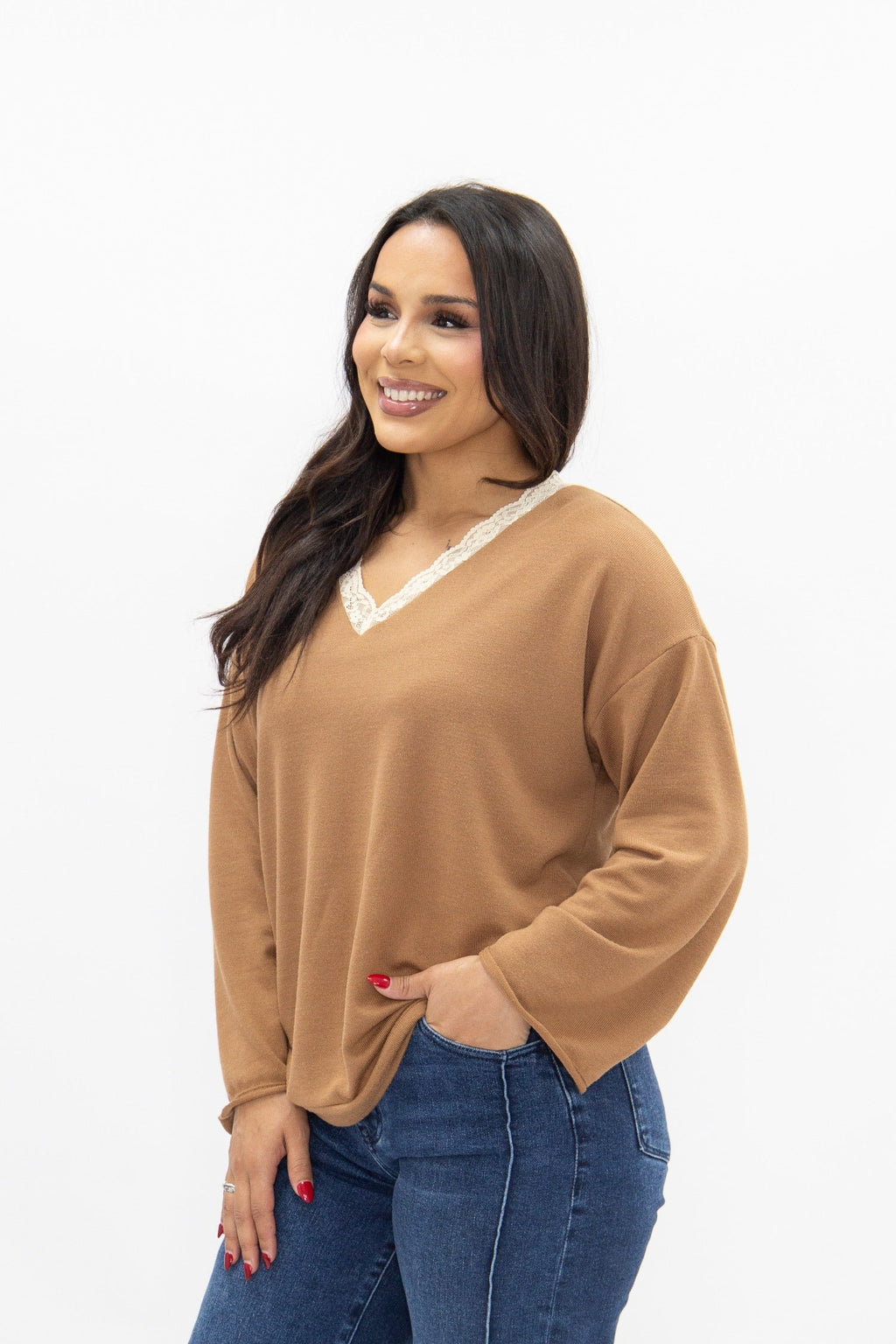 V-Neck Top with Lace Trim, Brown — additional view 6