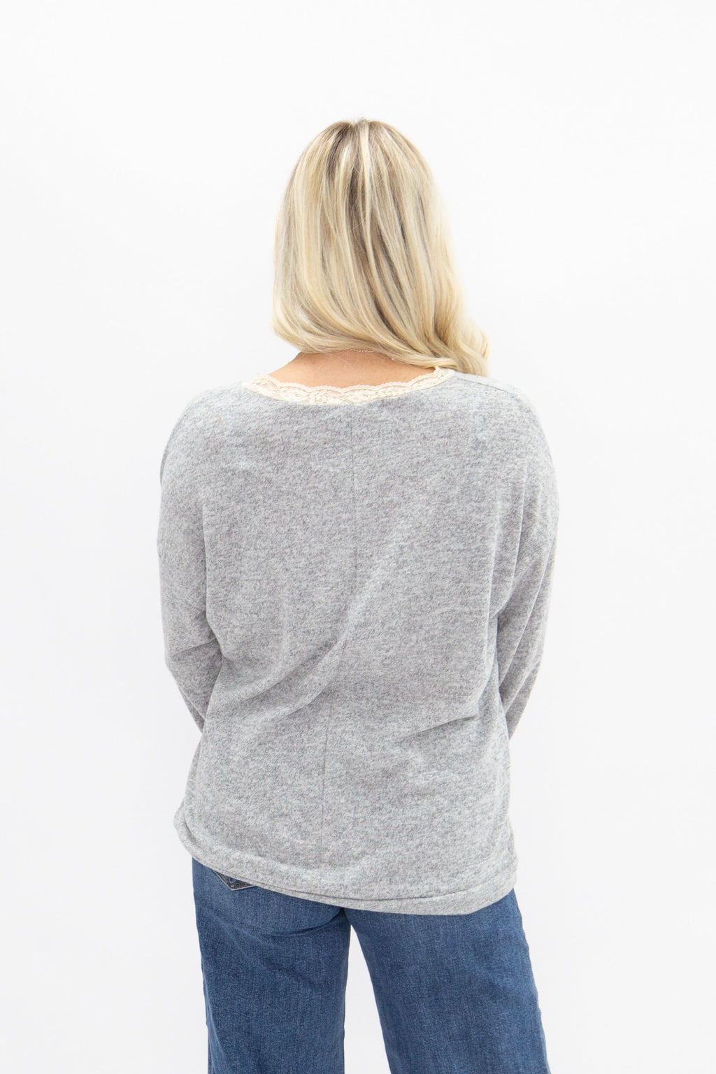 V-Neck Top with Lace Trim, Grey — additional view 5