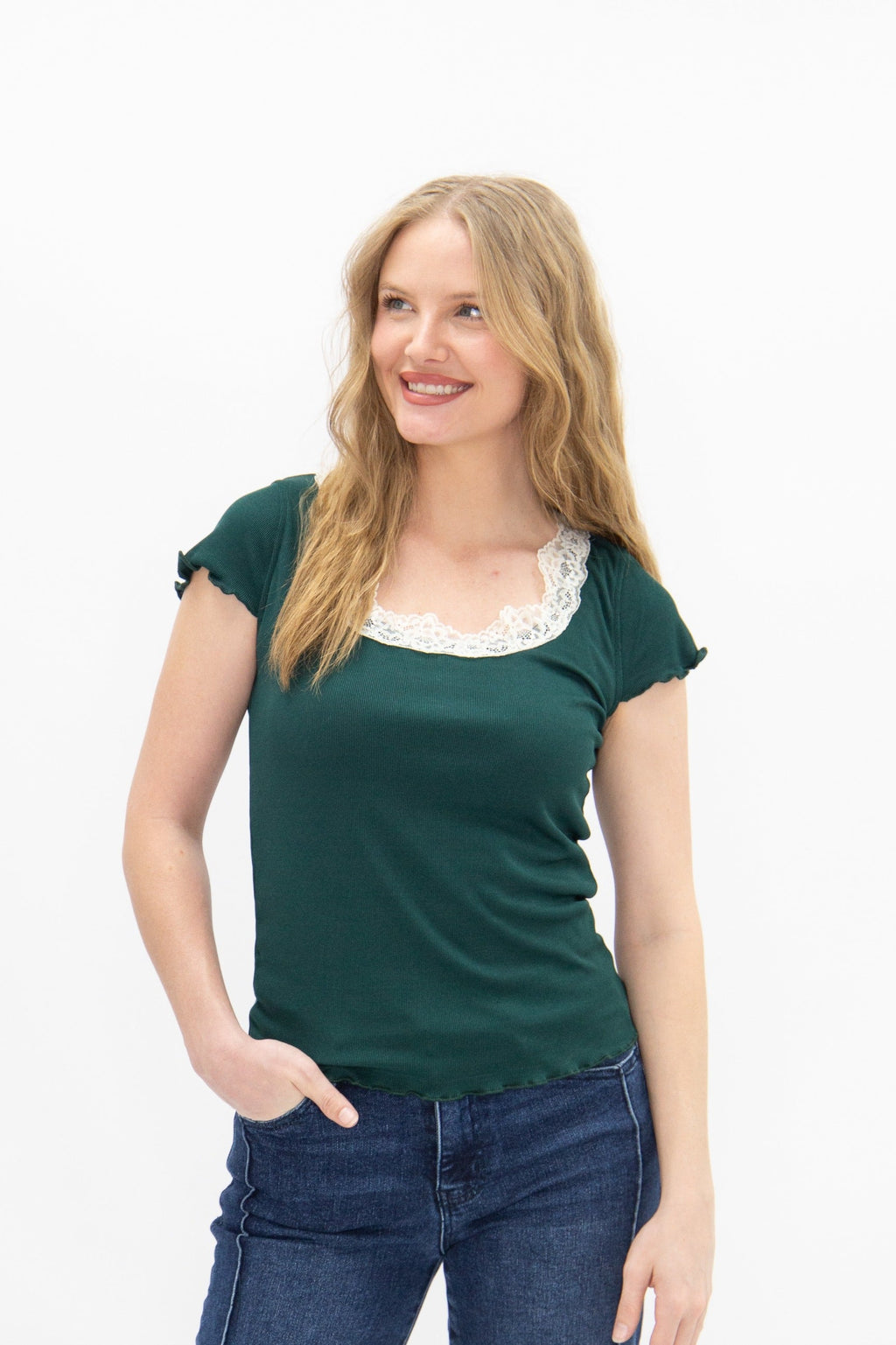 Square Neck Tee with Lace Trim, Forest Green — additional view 5