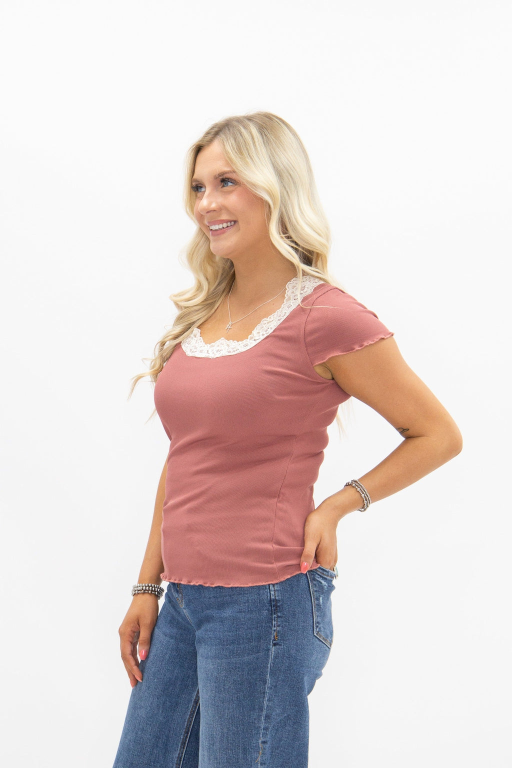 Square Neck Tee with Lace Trim, Mauve — additional view 4