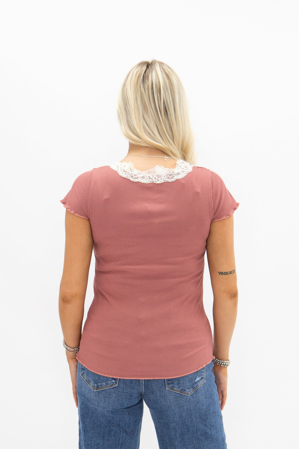Square Neck Tee with Lace Trim, Mauve — additional view 5