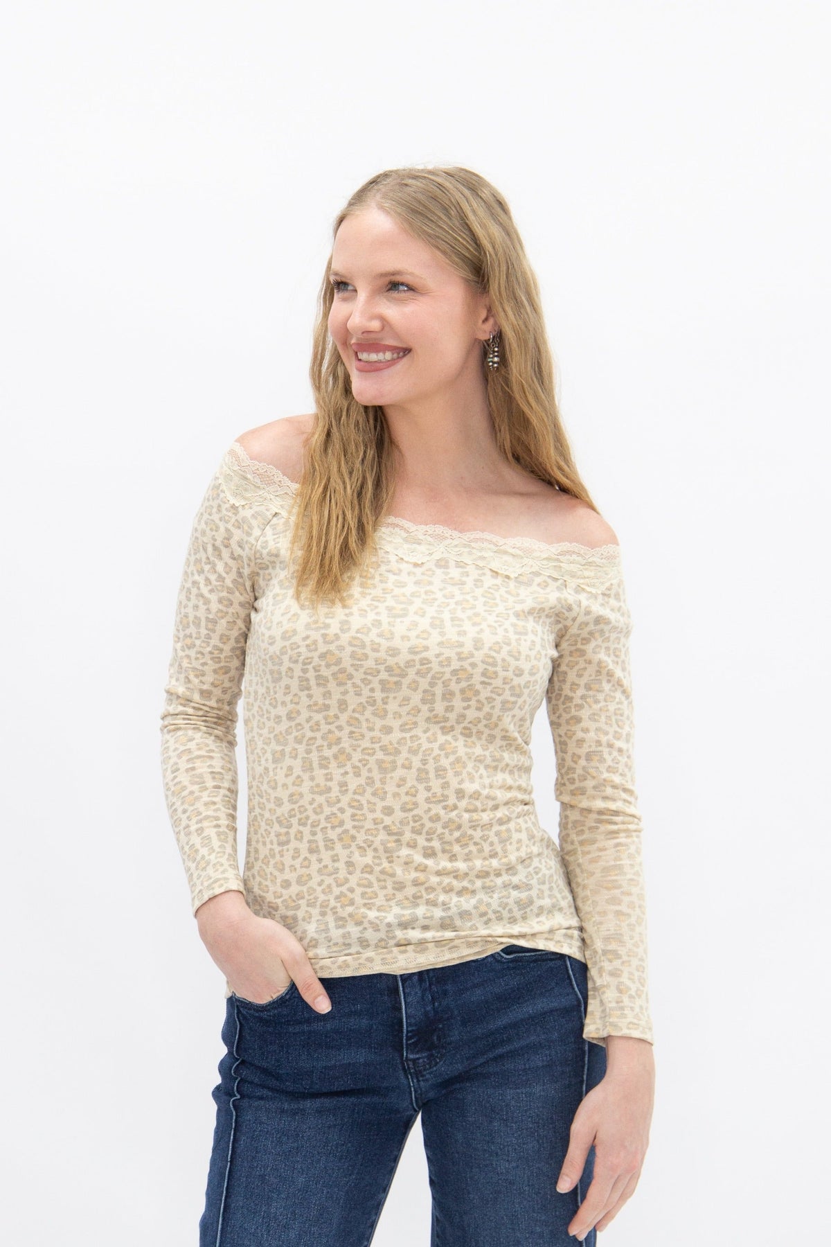 Longsleeve Off-the-Shoulder Top with Lace Trim