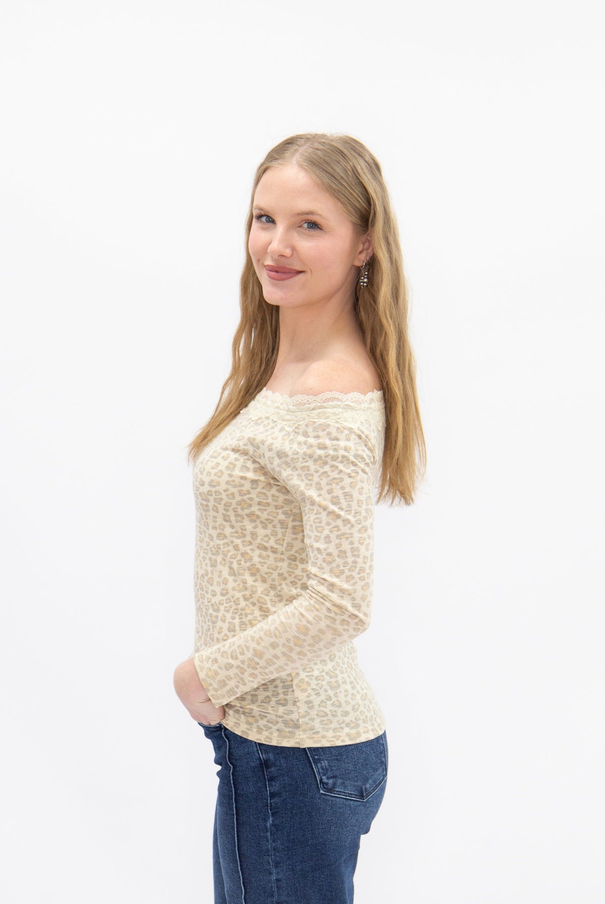 Longsleeve Off-the-Shoulder Top with Lace Trim