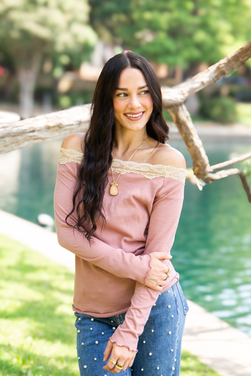 Longsleeve Off-the-Shoulder Top with Lace Trim