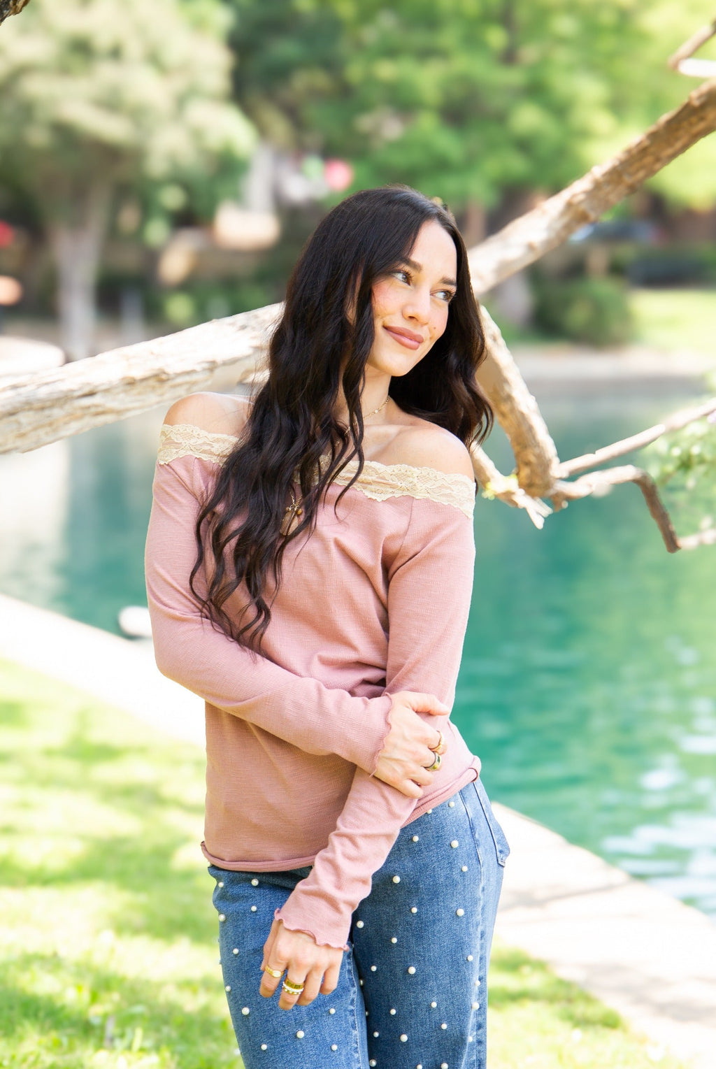 Longsleeve Off-the-Shoulder Top with Lace Trim