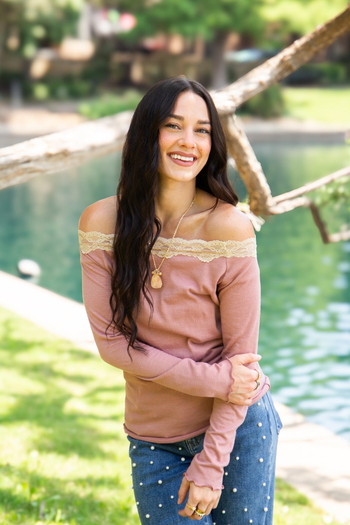 Longsleeve Off-the-Shoulder Top with Lace Trim