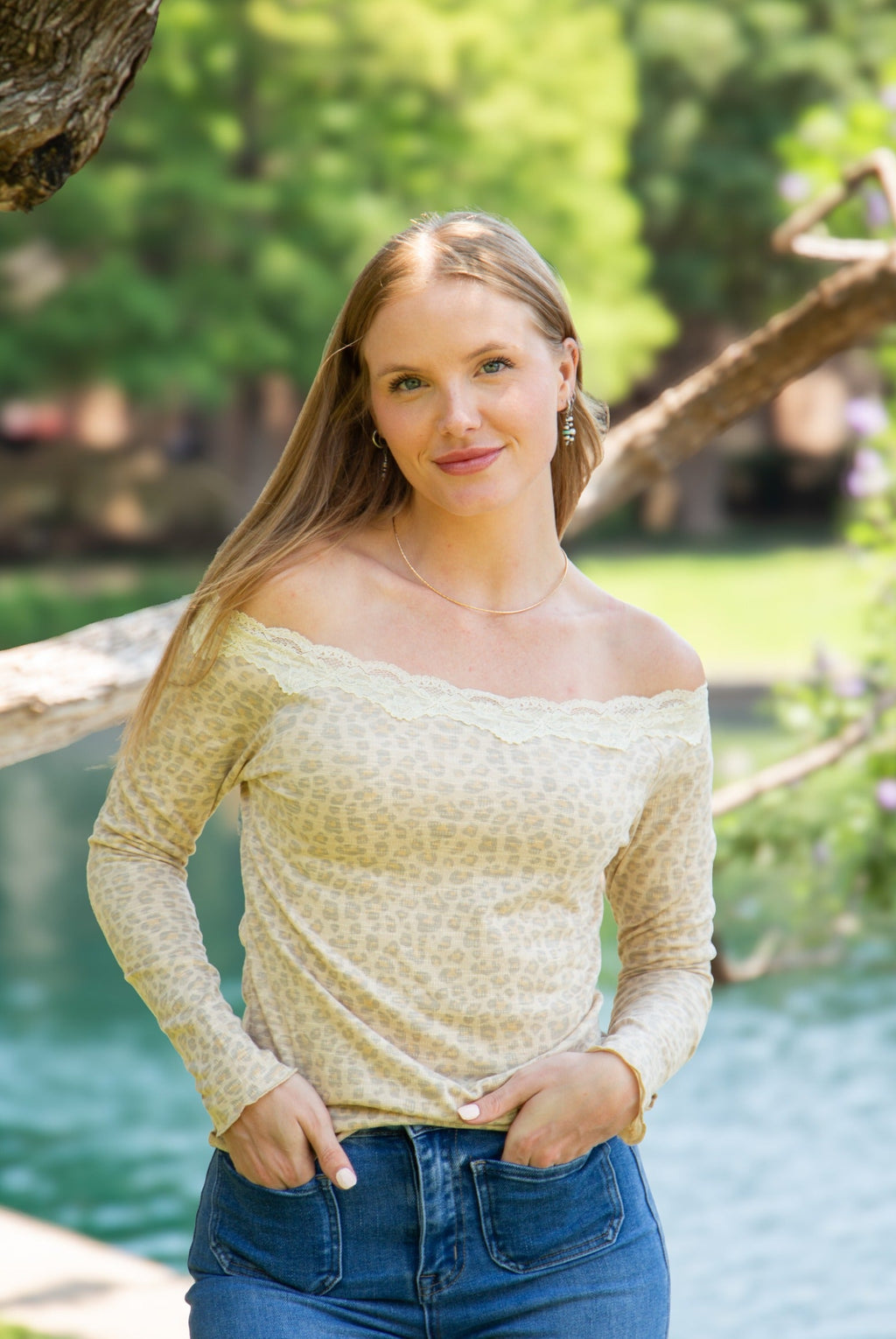 Longsleeve Off-the-Shoulder Top with Lace Trim