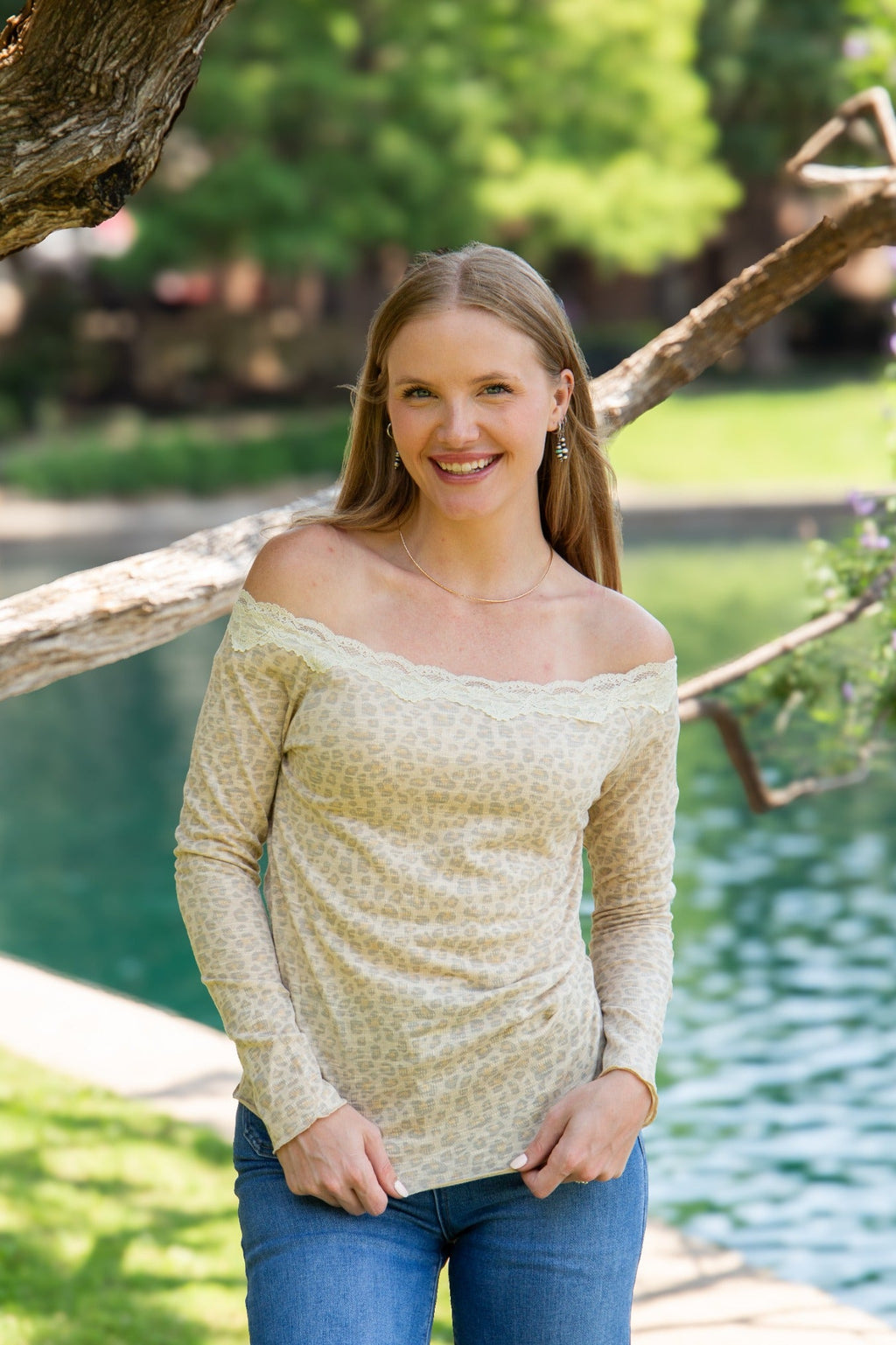 Longsleeve Off-the-Shoulder Top with Lace Trim