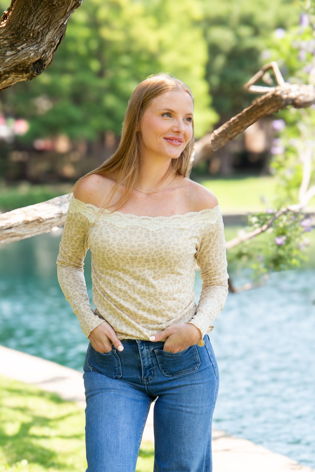 Longsleeve Off-the-Shoulder Top with Lace Trim