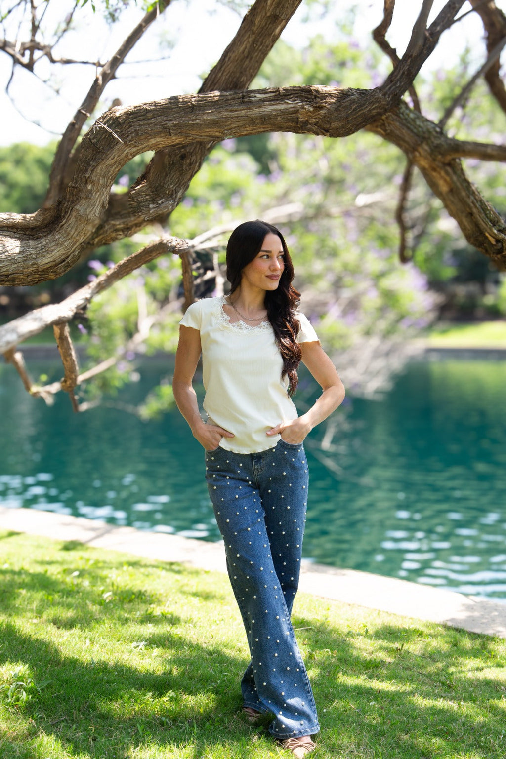 Square Neck Tee with Lace Trim, Ivory — additional view 3