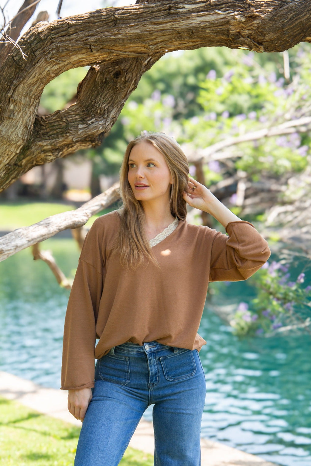 V-Neck Top with Lace Trim, Brown — additional view 3