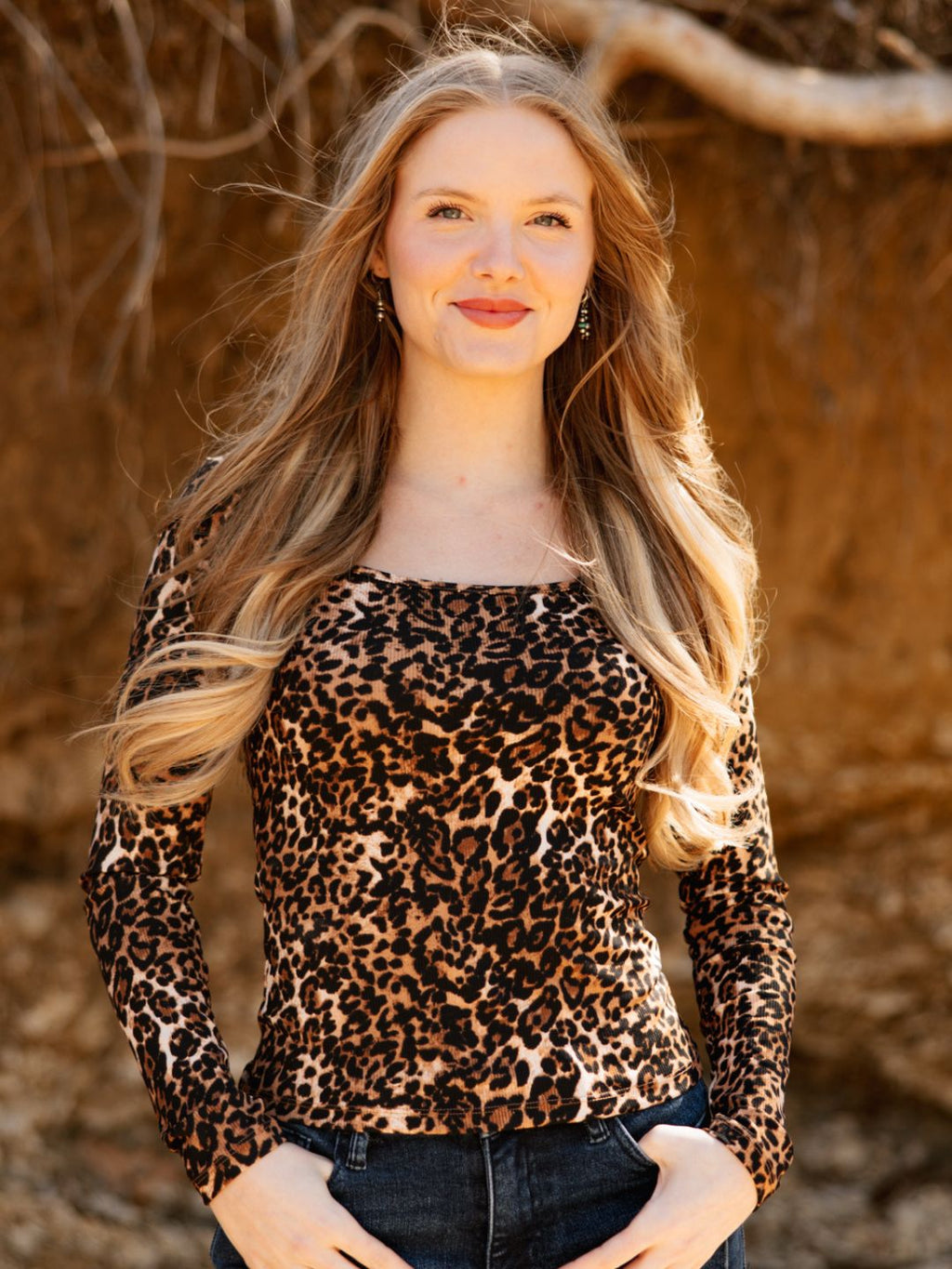 Square Neck Long Sleeve Top, Leopard — additional view 2