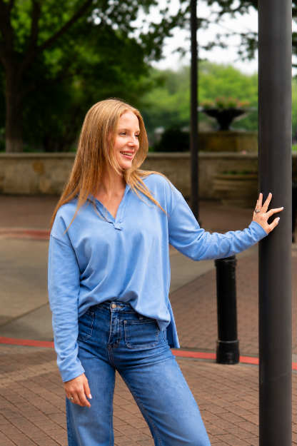 V-Neck Collared Pullover, Blue — additional view 7