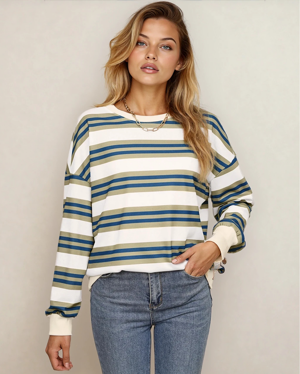 Sophie Stripe Crew Neck Drop Shoulder Pullover Sweatshirt — additional view 6